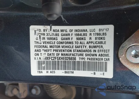 2017 Honda Civic Lx из США, поврежденный, VIN 19XFC2F5XHE026656